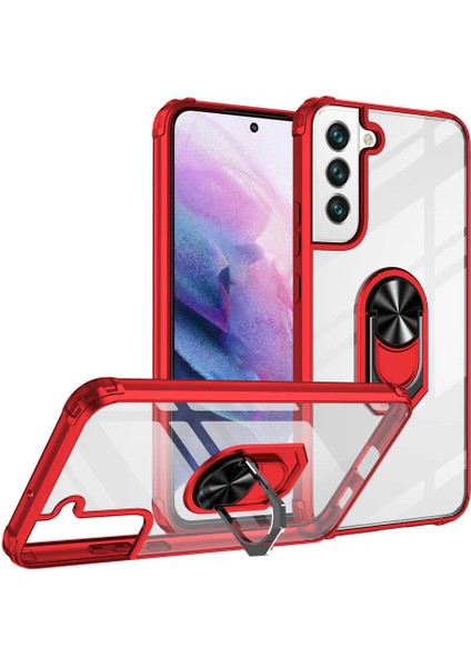 - Samsung Galaxy S22 Plus - Kılıf Yüzüklü Arkası Şeffaf Koruyucu Mola Kapak - Kırmızı