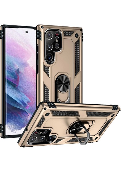 - Samsung Galaxy S22 Ultra - Kılıf Yüzüklü Zırh Tank Vega Kapak - Gold - T21370