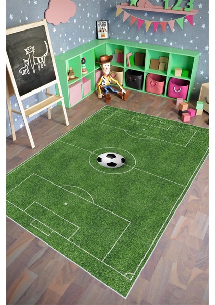 Çocuk Halısı Figürlü Futbol Sahası Desenli Yeşil Kaydırmaz Kesme Yıkanabilir Ince Halı