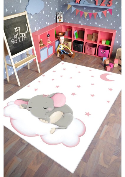 Çocuk Halısı Figürlü Fil Bulut Yıldız ve Ay Beyaz Pembe Kaydırmaz Kesme Yıkanabilir Ince Halı