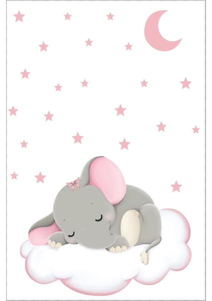 Çocuk Halısı Figürlü Fil Bulut Yıldız ve Ay Beyaz Pembe Kaydırmaz Kesme Yıkanabilir Ince Halı fiyatları