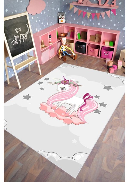 Çocuk Halısı Figürlü Unicorn Pembe Gri Kaydırmaz Kesme Yıkanabilir Ince Halı