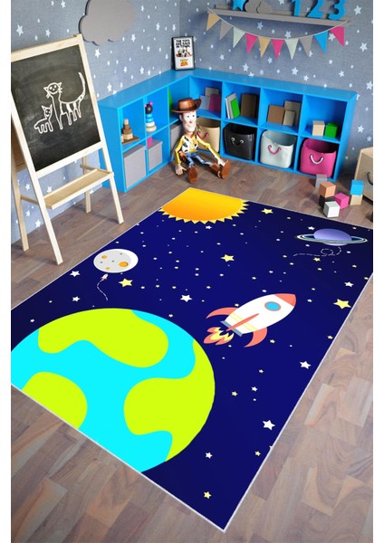 Çocuk Halısı Figürlü Gezegen Lacivert Kaydırmaz Kesme Yıkanabilir Ince Halı