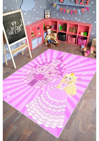 Çocuk Halısı Figürlü Prenses Pembe Kaydırmaz Kesme Yıkanabilir Ince Halı