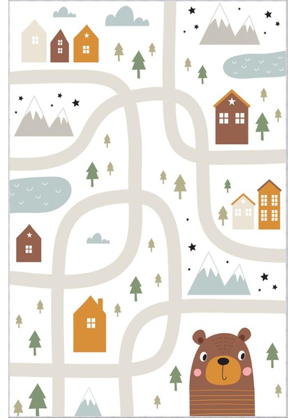 Çocuk Halısı Figürlü Ayı ve Doğa Beyaz Kaydırmaz Kesme Yıkanabilir Ince Halı fiyatları