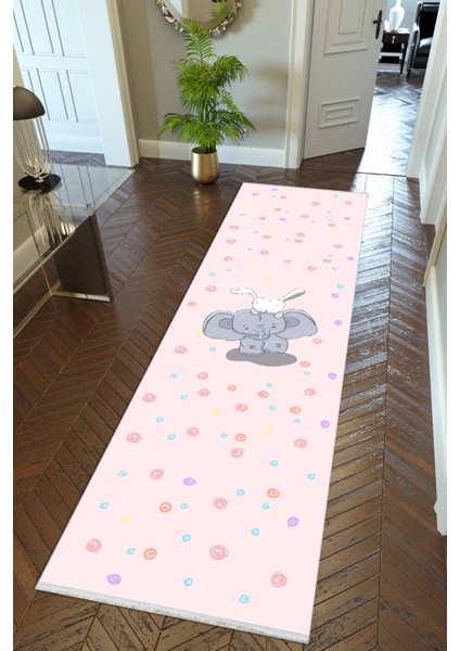 Yolluk Çocuk Halısı Fil Ekru Pembe Gri Kaymaz Kesme Yıkanabilir Ince Dijital Baskı Koridor Halısı