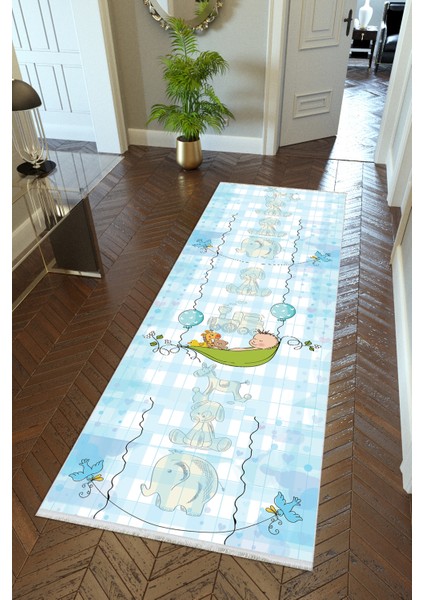 Yolluk Erkek Çocuk Halısı Mavi Kaymaz Kesme Yıkanabilir Ince Dijital Baskı Koridor Halısı