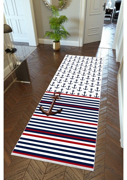 Yolluk Çocuk Halısı Denizci Çapa Lacivert Kaymaz Kesme Yıkanabilir Ince Koridor Halısı