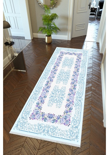 Yolluk Turkuaz Beyaz Lacivert Kaymaz Kesme Yıkanabilir Ince Dijital Baskı Koridor Halısı