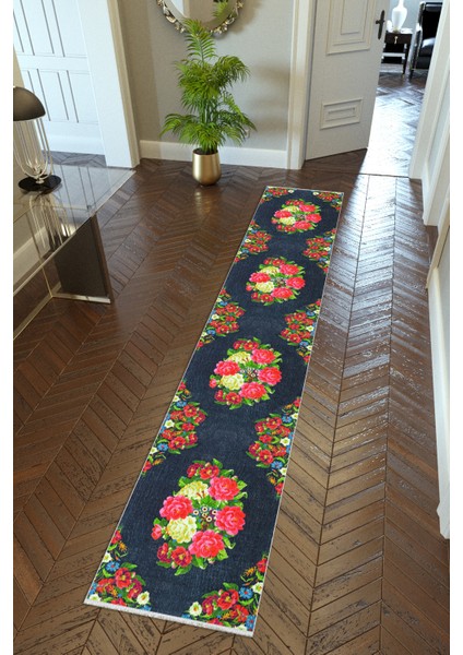 Yolluk Siyah Kaymaz Kesme Yıkanabilir Ince Dijital Baskı Koridor Halısı