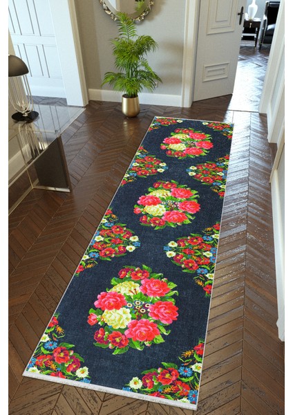 Yolluk Siyah Kaymaz Kesme Yıkanabilir Ince Dijital Baskı Koridor Halısı