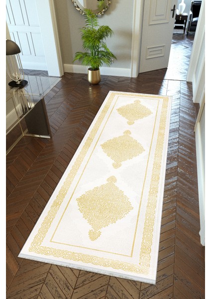 Yolluk Gold Tema Altın Krem Sarı Kaymaz Kesme Yıkanabilir Ince Dijital Baskı Koridor Halısı
