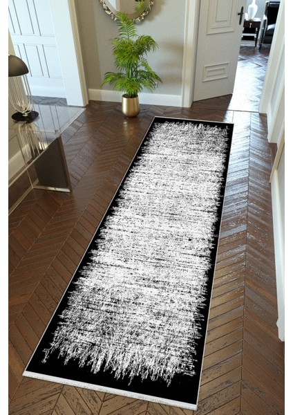 Yolluk Doku Siyah Kaymaz Kesme Yıkanabilir Ince Dijital Baskı Koridor Halısı