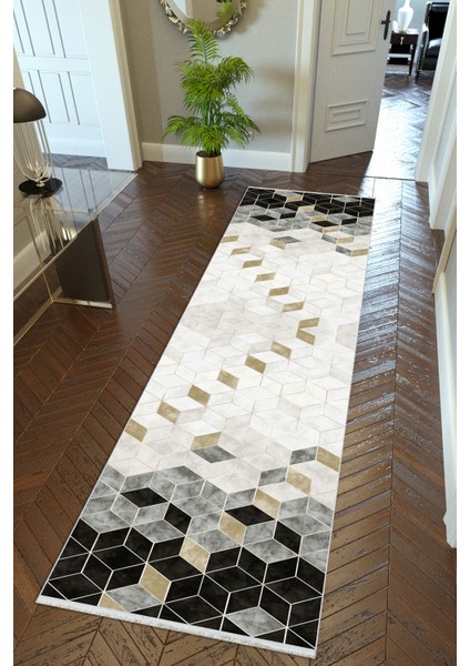 Yolluk Gri Beyaz Siyah Kaymaz Kesme Yıkanabilir Ince Dijital Baskı Koridor Halısı