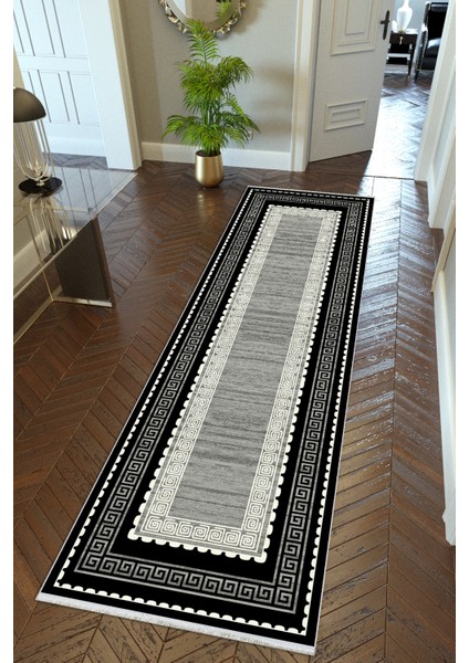 Yolluk Siyah Gri Kaymaz Kesme Yıkanabilir Ince Dijital Baskı Koridor Halısı