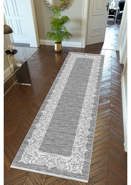 Yolluk Gümüş Gri Kaymaz Kesme Yıkanabilir Ince Dijital Baskı Koridor Halısı