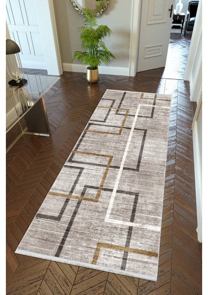 Yolluk Kahverengi Kaymaz Kesme Yıkanabilir Ince Dijital Baskı Koridor Halısı