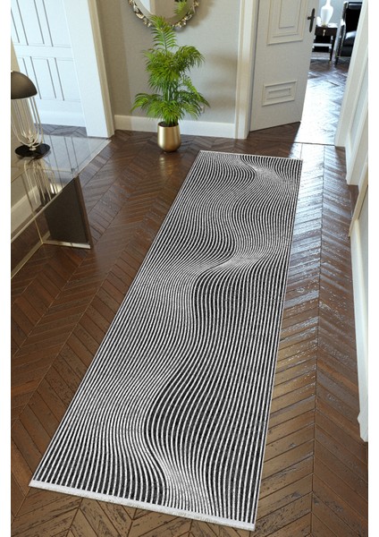 Yolluk Gri Siyah Kaymaz Kesme Yıkanabilir Ince Dijital Baskı Koridor Halısı