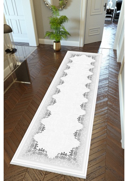 Yolluk Gri Beyaz Kaymaz Kesme Yıkanabilir Ince Dijital Baskı Koridor Halısı
