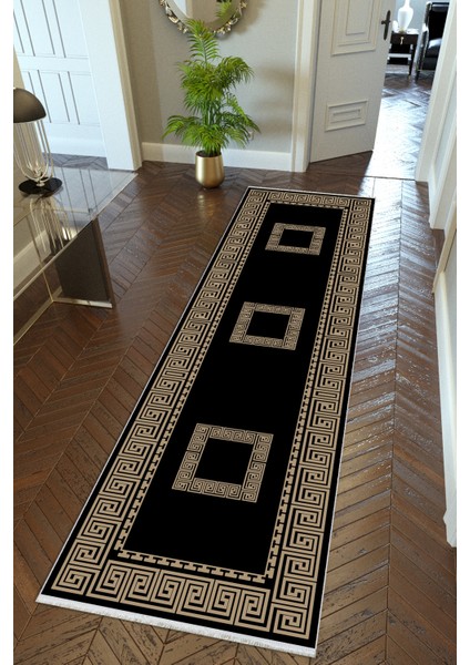Yolluk Siyah Vizon Kaymaz Kesme Yıkanabilir Ince Dijital Baskı Koridor Halısı