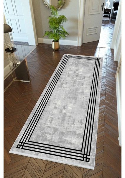 Yolluk Gri Siyah Kaymaz Kesme Yıkanabilir Ince Dijital Baskı Koridor Halısı