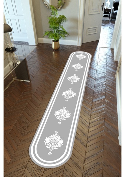 Yolluk Klasik Gri Beyaz Kaymaz Kesme Yıkanabilir Ince Dijital Baskı Koridor Halısı
