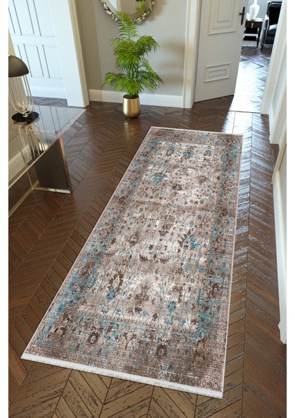 Yolluk Otantik Bej Gri Mavi Kaymaz Kesme Yıkanabilir Ince Dijital Baskı Koridor Halısı