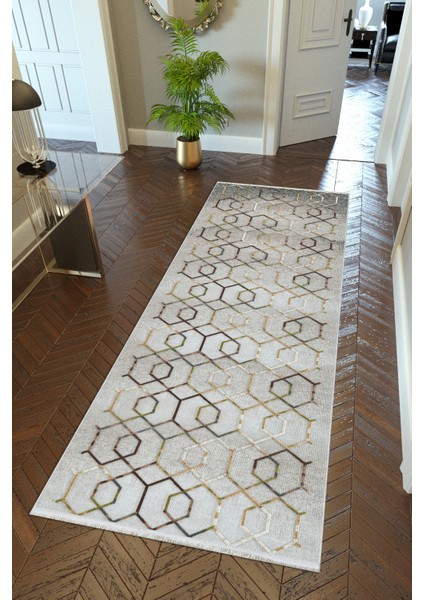 Yolluk Gri Gold Kaymaz Kesme Yıkanabilir Ince Dijital Baskı Koridor Halısı