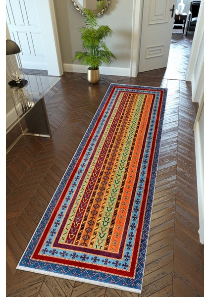 Yolluk Kilim Desenli Otantik Bordo Kaymaz Kesme Yıkanabilir Ince Dijital Baskı Koridor Halısı