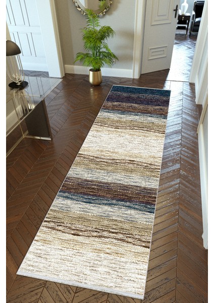 Yolluk Soyut Bej Ekru Kahverengi Mavi Kaymaz Kesme Yıkanabilir Ince Dijital Baskı Koridor Halısı