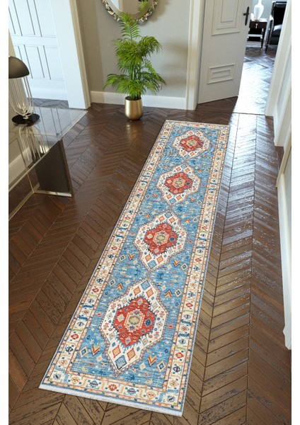 Yolluk Otantik Mavi Ekru Kahverengi Kaymaz Kesme Yıkanabilir Ince Dijital Baskı Koridor Halısı