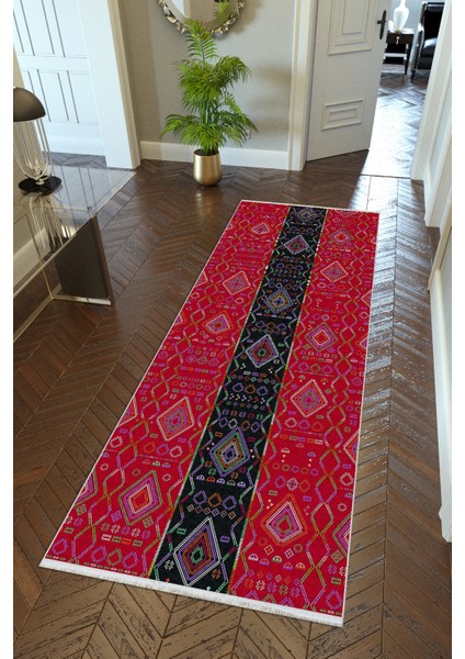 Yolluk Kilim Desenli Otantik Kırmızı Kaymaz Kesme Yıkanabilir Ince Dijital Baskı Koridor Halısı