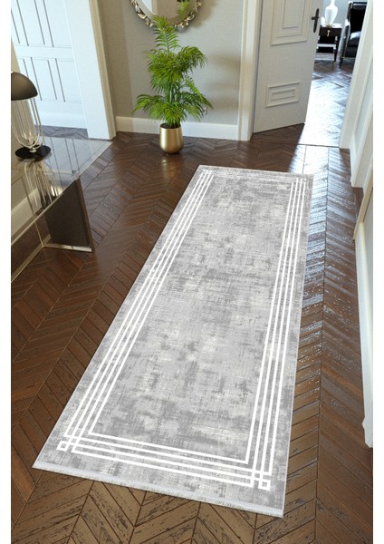 Yolluk Gri Kaymaz Kesme Yıkanabilir Ince Dijital Baskı Koridor Halısı