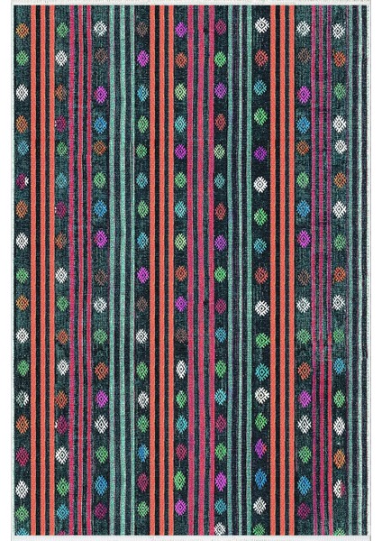 Yolluk Kilim Desenli Otantik Turkuaz Kaymaz Kesme Yıkanabilir Ince Dijital Baskı Koridor Halısı