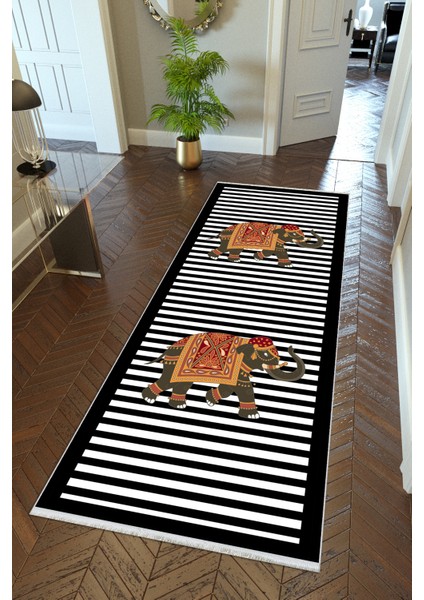 Yolluk Modern Fil Siyah Beyaz Kaymaz Kesme Yıkanabilir Ince Dijital Baskı Koridor Halısı