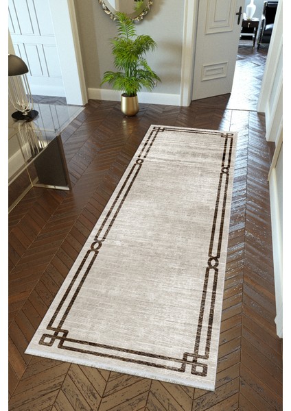 Yolluk Kahverengi Gri Kaymaz Kesme Yıkanabilir Ince Dijital Baskı Koridor Halısı