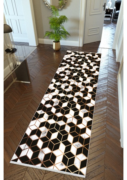 Yolluk Altın Beyaz Siyah Kaymaz Kesme Yıkanabilir Ince Dijital Baskı Koridor Halısı