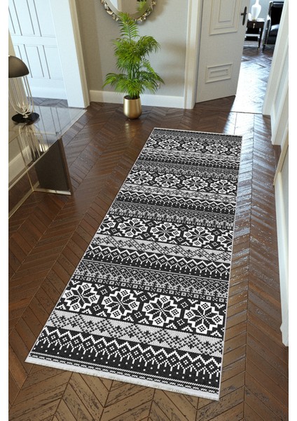 Yolluk Kilim Desenli Otantik Siyah Gri Kaymaz Kesme Yıkanabilir Ince Dijital Baskı Koridor Halısı