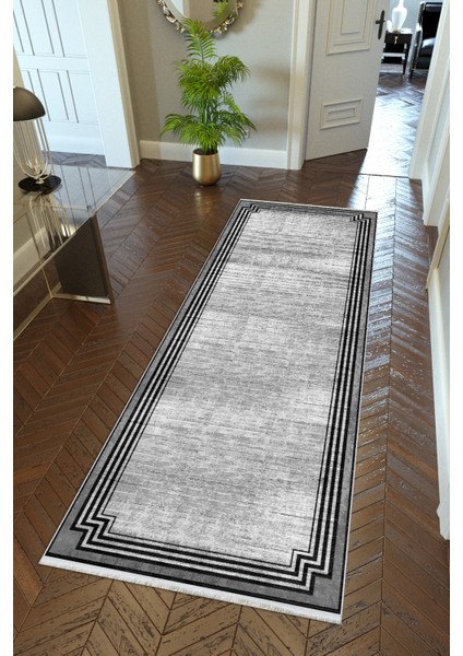 Yolluk Klasik Gri Siyah Kaymaz Kesme Yıkanabilir Ince Dijital Baskı Koridor Halısı