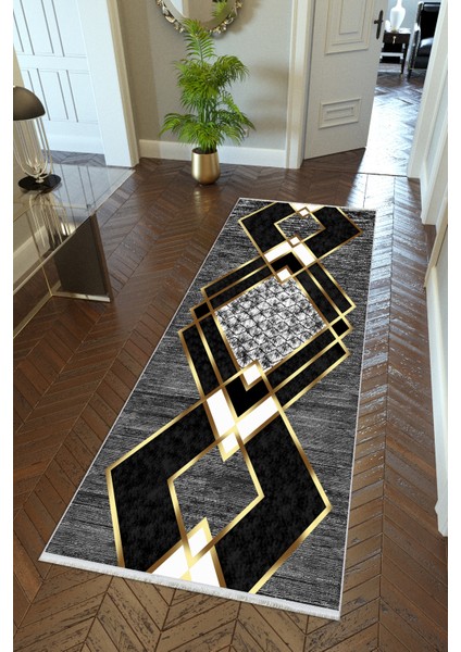 Yolluk Altın Gold Gri Kaymaz Kesme Yıkanabilir Ince Dijital Baskı Koridor Halısı