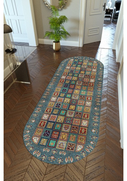 Yolluk Kilim Desenli Otantik Lacivert Kaymaz Kesme Yıkanabilir Ince Dijital Baskı Koridor Halısı