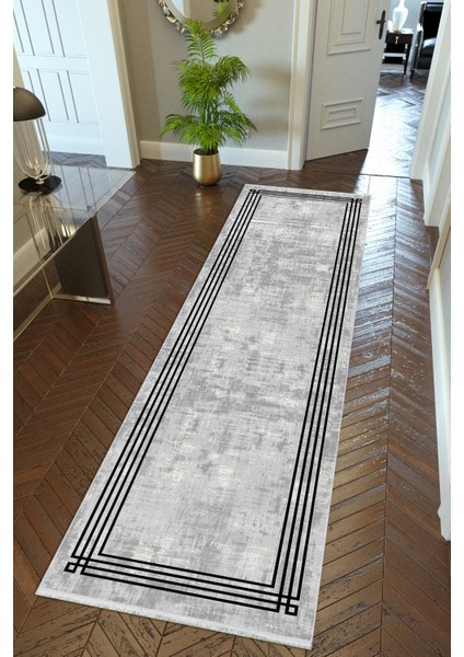Yolluk Gri Siyah Kaymaz Kesme Yıkanabilir Ince Dijital Baskı Koridor Halısı