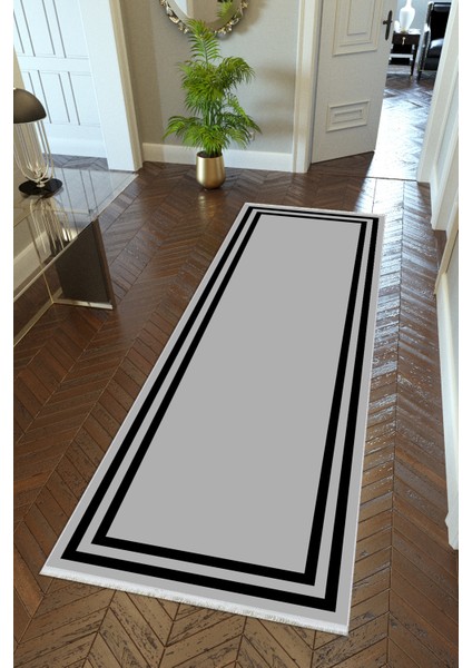 Yolluk Gri Siyah Kaymaz Kesme Yıkanabilir Ince Dijital Baskı Koridor Halısı