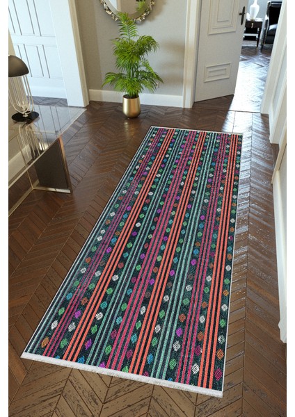 Yolluk Kilim Desenli Otantik Turkuaz Kaymaz Kesme Yıkanabilir Ince Dijital Baskı Koridor Halısı