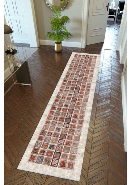 Yolluk Kilim Desenli Otantik Bej Kaymaz Kesme Yıkanabilir Ince Dijital Baskı Koridor Halısı