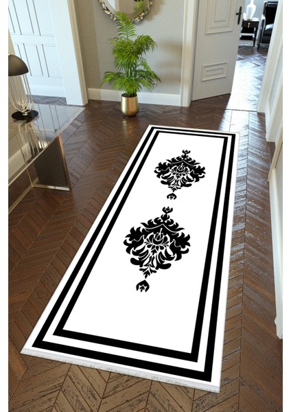 Yolluk Klasik Beyaz Siyah Kaymaz Kesme Yıkanabilir Ince Dijital Baskı Koridor Halısı