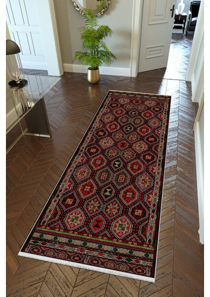 Yolluk Otantik Siyah Kaymaz Kesme Yıkanabilir Ince Dijital Baskı Koridor Halısı