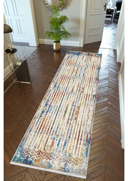 Yolluk Mavi Kaymaz Kesme Yıkanabilir Ince Dijital Baskı Koridor Halısı