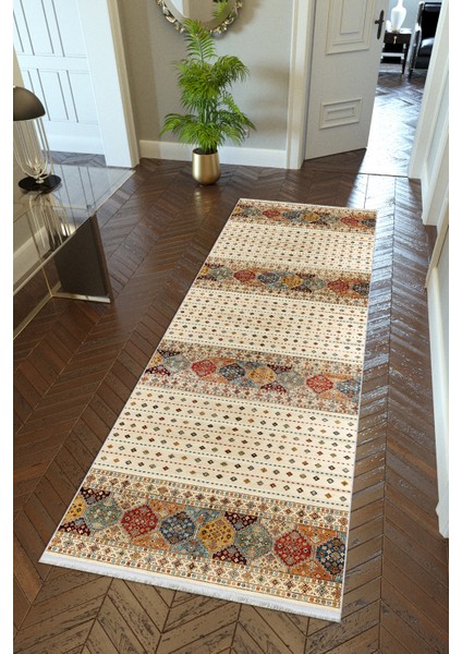 Yolluk Kilim Desenli Otantik Bej Kaymaz Kesme Yıkanabilir Ince Dijital Baskı Koridor Halısı