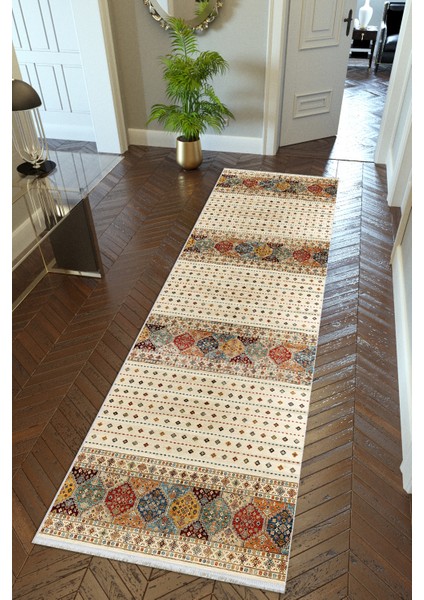 Yolluk Kilim Desenli Otantik Bej Kaymaz Kesme Yıkanabilir Ince Dijital Baskı Koridor Halısı